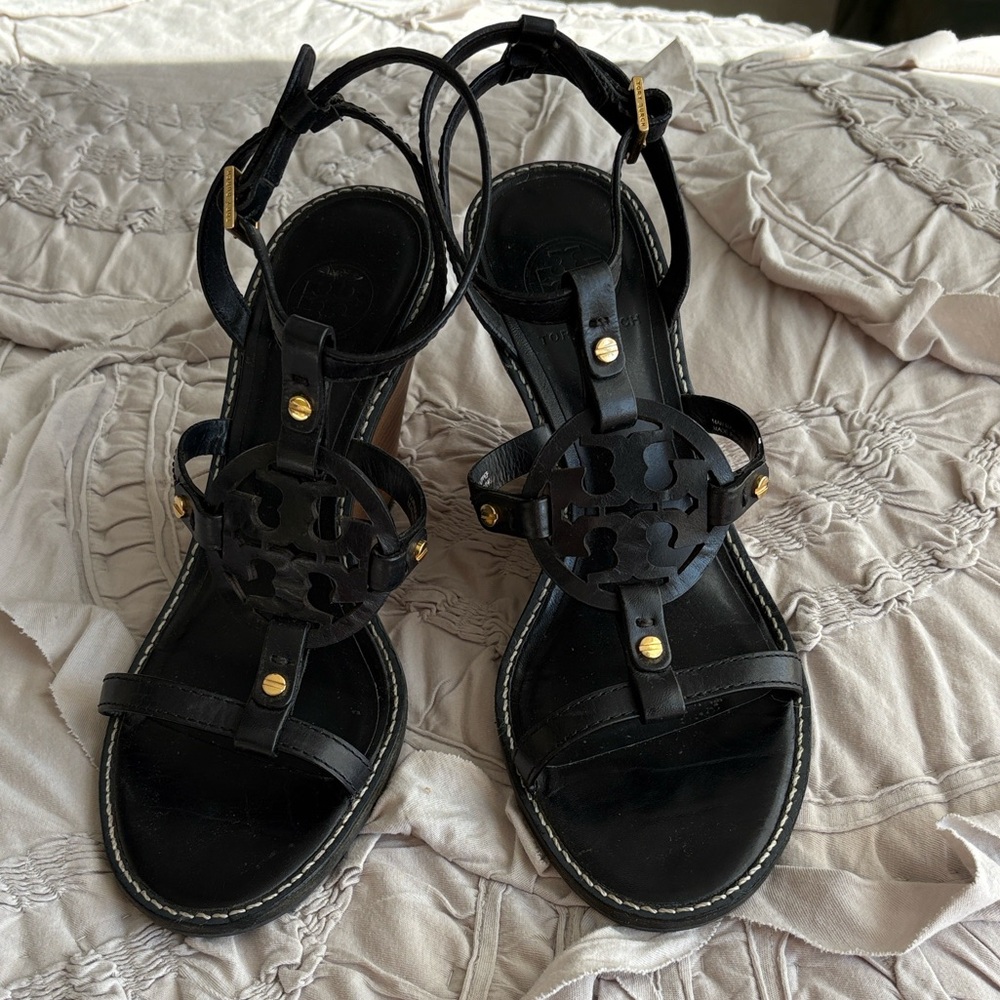 Tory Burch Black Wedge Sandals with Gold Accents